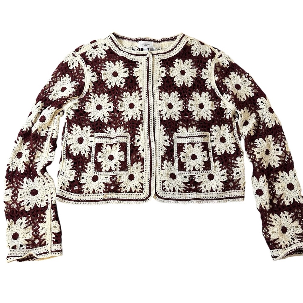 NWT Women's Crochet Floral White Daisy Sweater Cardigan- Cream and Burgundy